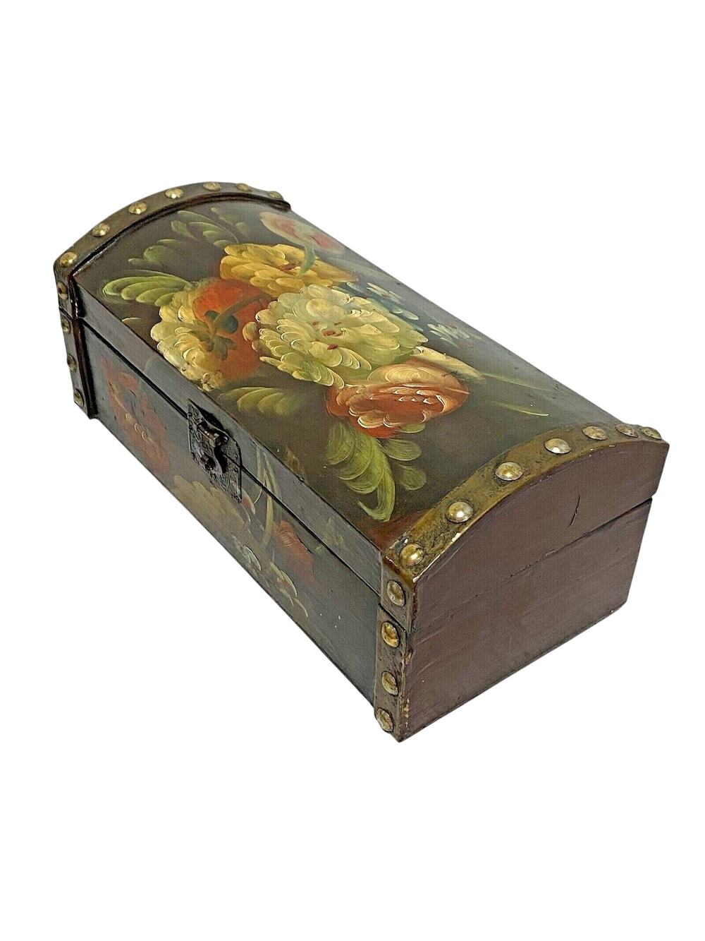 Vintage inspired tole painted wooden keepsake box dark varnish & brass tacks